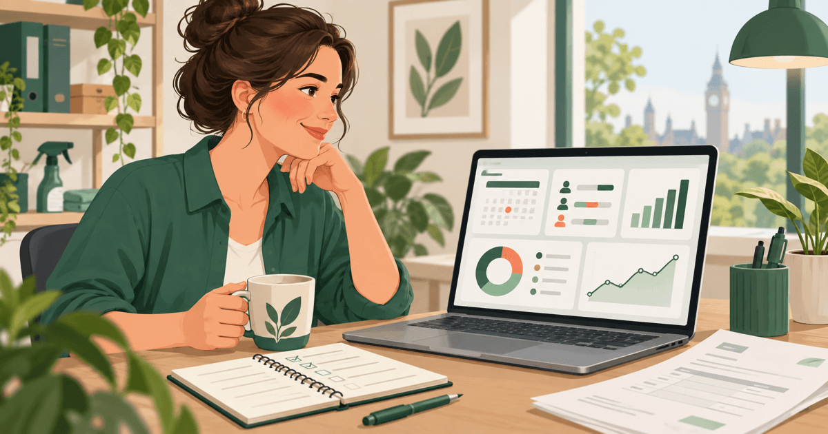Illustrative owner reviewing a connected cleaning-business dashboard for bookings, cleaner costs, invoices and cash