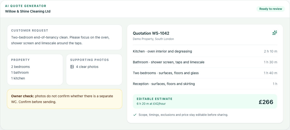 EcoBroom AI quote generator review showing property details, priority areas, photos and an editable itemised estimate for fictional Willow & Shine Cleaning Ltd